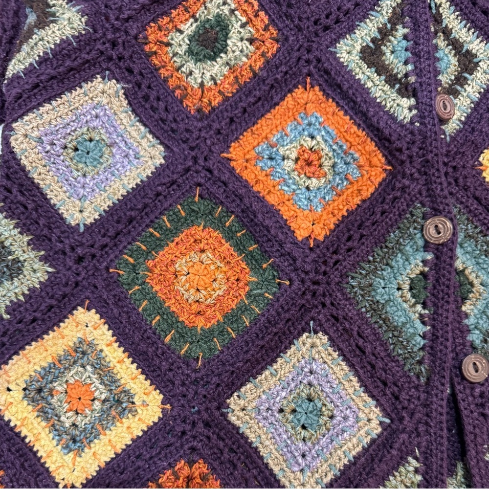 Granny Square Cardigan Boho Multicolor Hand Knit Button Front Sweater M - Picture 5 of 7